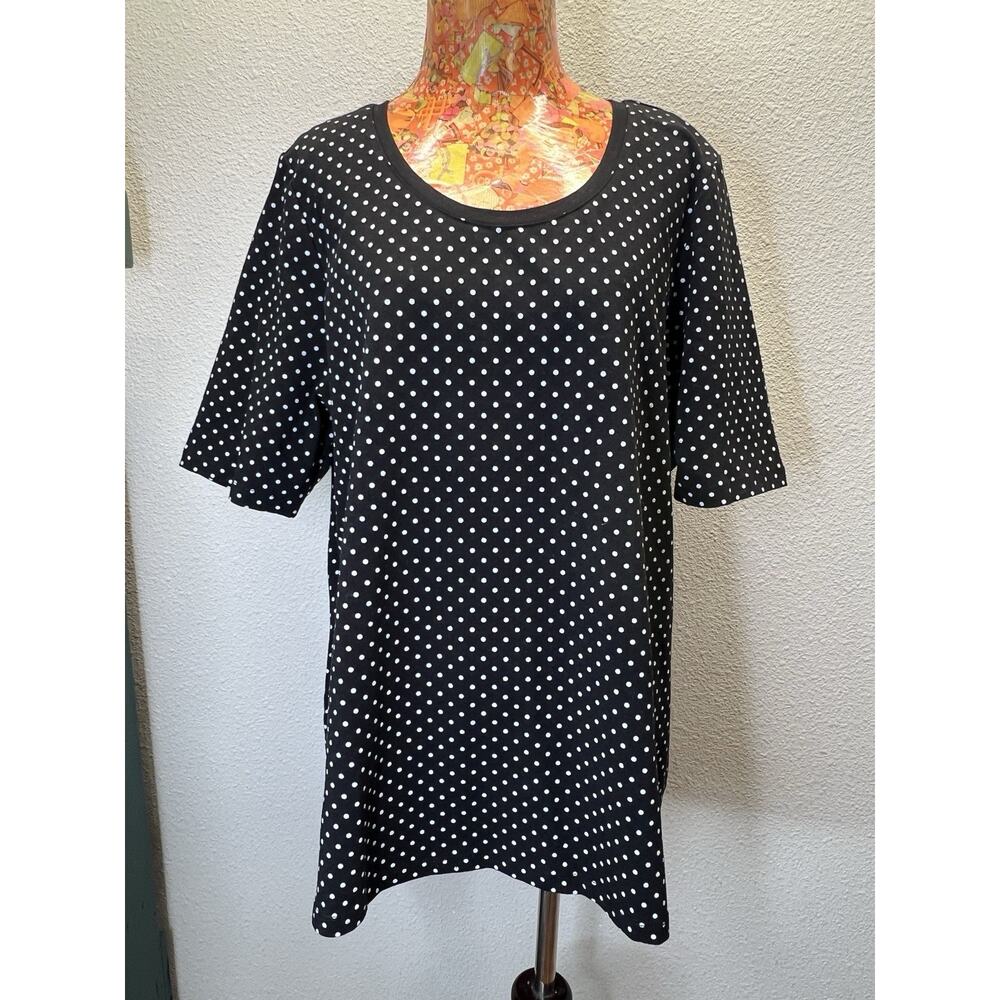 Country Store Women's Top Size 1X Black with White Polka Dots Short Sleeves